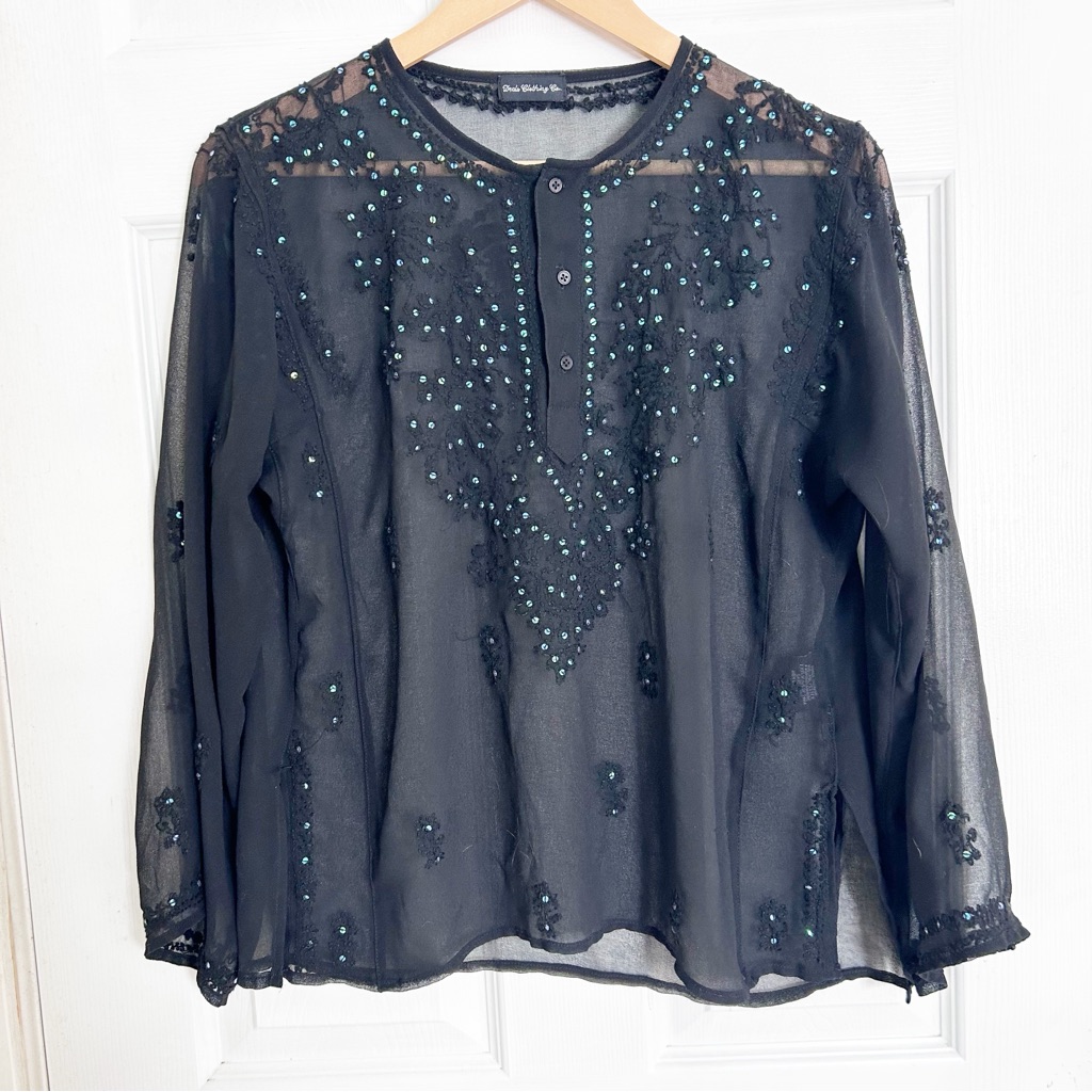 Flowy Sheer Black Long-Sleeve Blouse Beaded Details Size Small
